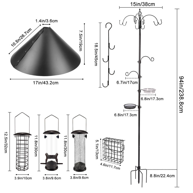 Adjustable 94-Inch Bird Feeding Station - Multi-Hook Stand With Squirrel Baffle And Durable Design