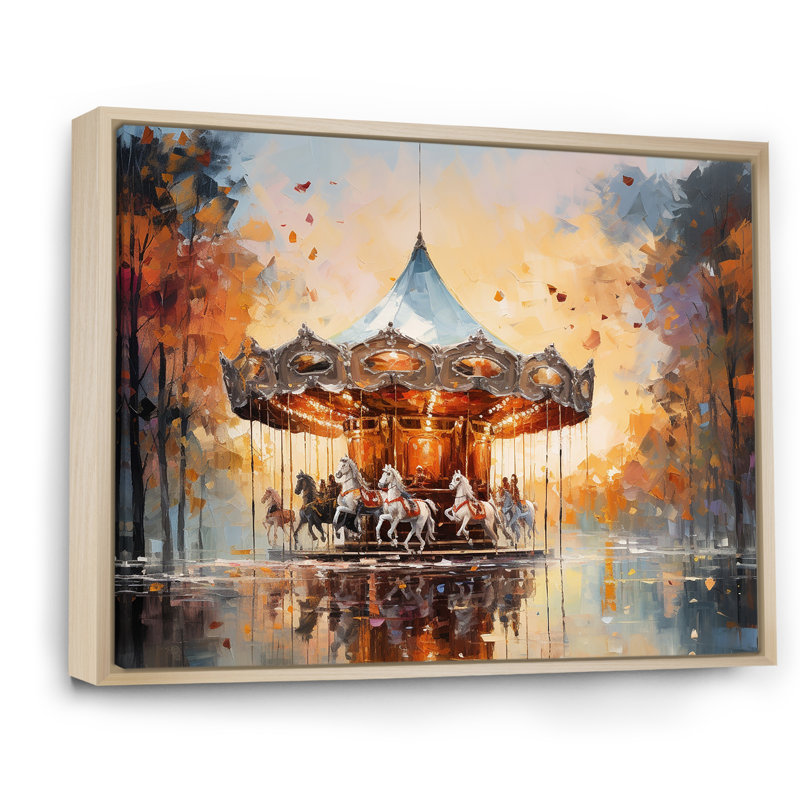 Carousel In Sunset Charm - Carrousel, reproduction sur toile, Cadre naturel flottant, H 16 po x l 32 po