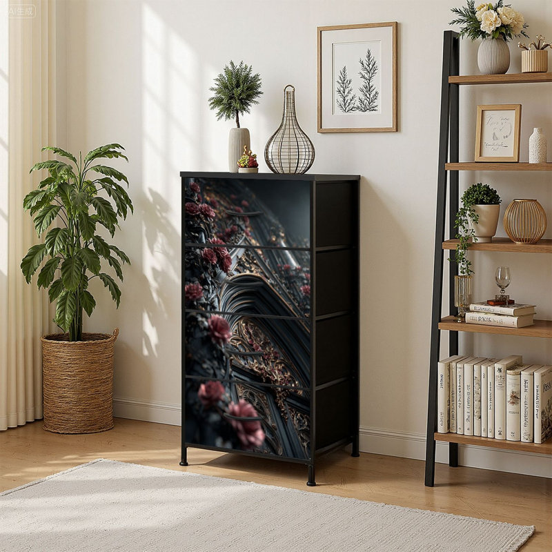 Commode de rangement verticale 4 tiroirs, cathédrale gothique foncé, art mural, scène cramoisie rose baroque avec tiroirs en bois