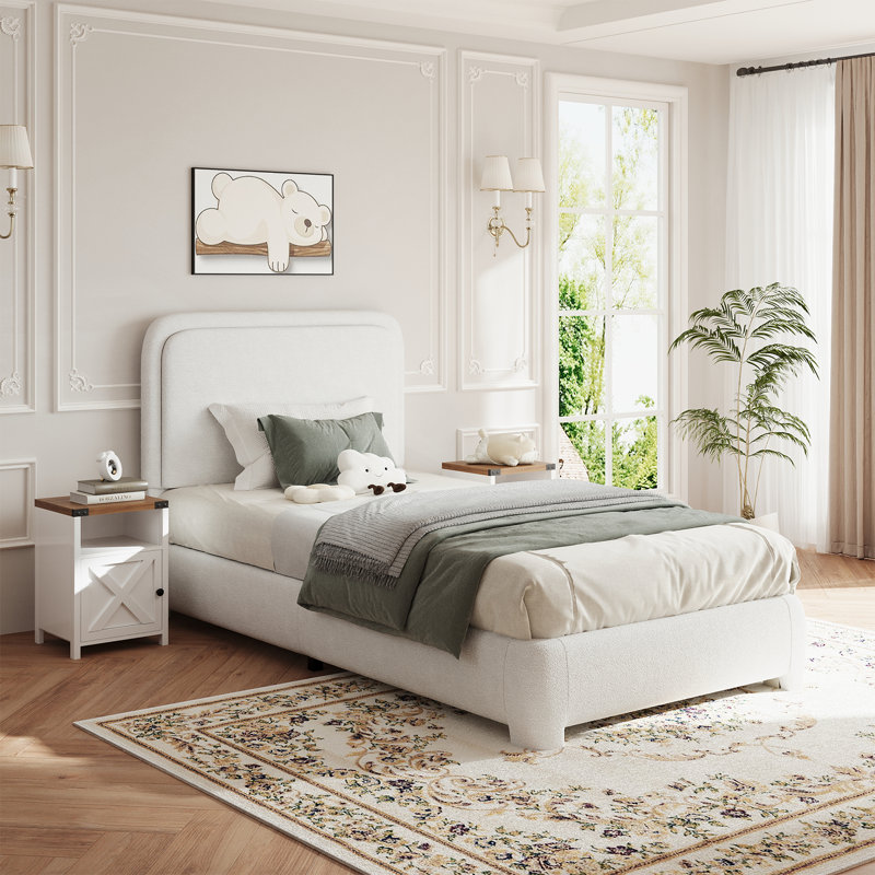 Ensemble de lit plateforme tapissier 3 pièces Bensu Boucle, Simple, Blanc