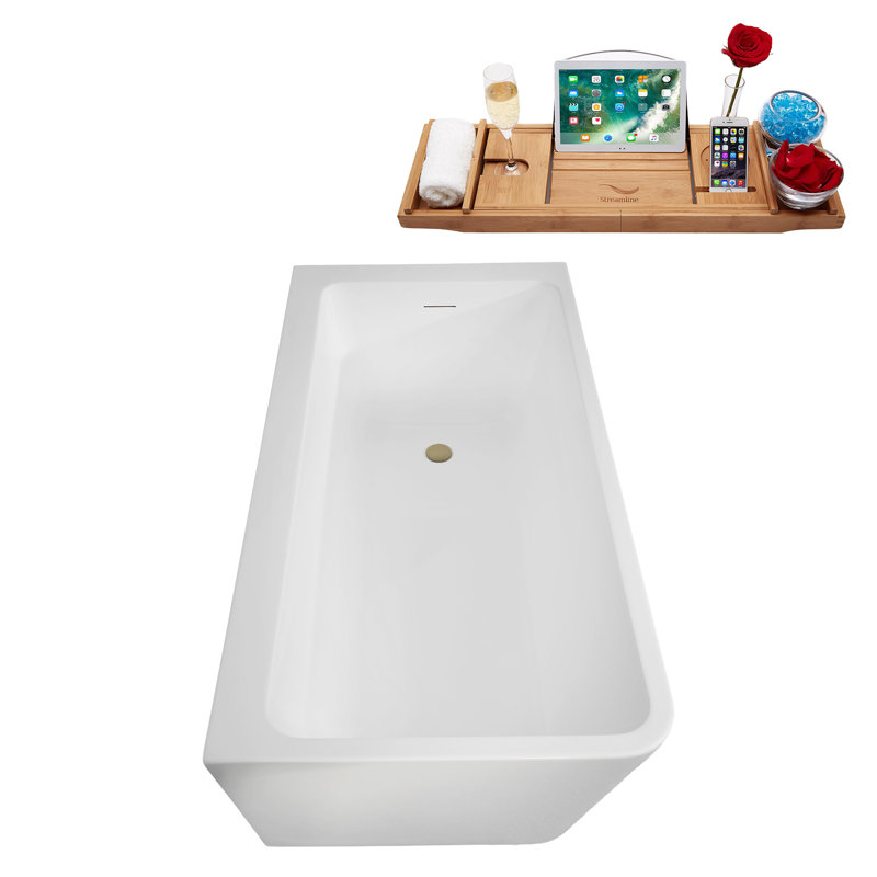 59" Streamline Soaking Freestanding Tub and Tray With Internal Drain, Brushed Brass