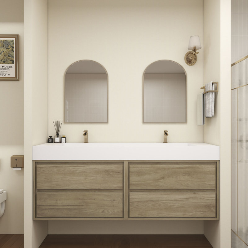 Meuble-lavabo mural double en teck et évier en acrylique 84 po Victoria, Chêne blanc
