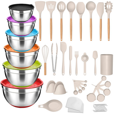 31 pieces of silicone cooker set, kitchen set, non stick heat-resistant cooker - BPA free, and 6 pieces of stainless steel mixing bowls