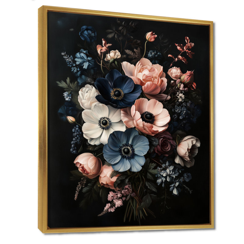 Bouquet d'anémones de minuit - Décoration murale sur toile encadrée à motif floral, H 32 po x l 24 po, Cadre flottant doré
