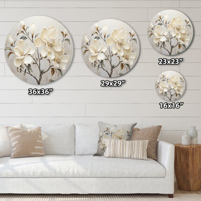 Fleur de magnolia beige et vert - art floral rond en métal