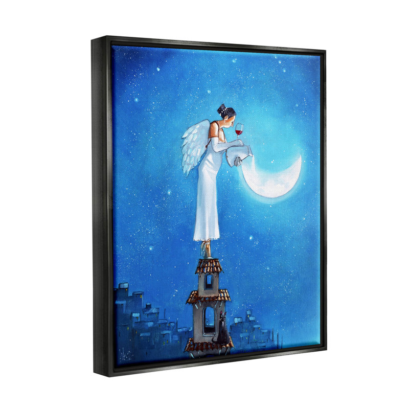 Ange versant la lune, paysage urbain encadré, estampe numérique par Ronald West, H 31 po x l 25 po x P 1,7 po