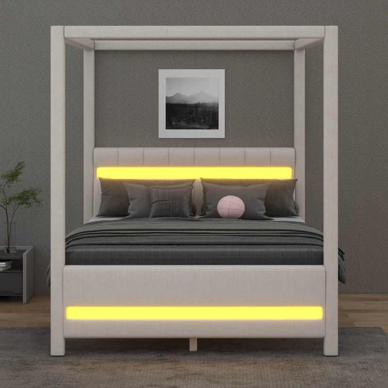 Grand lit plateforme à baldaquin tapissier avec lumières DEL et tête de lit