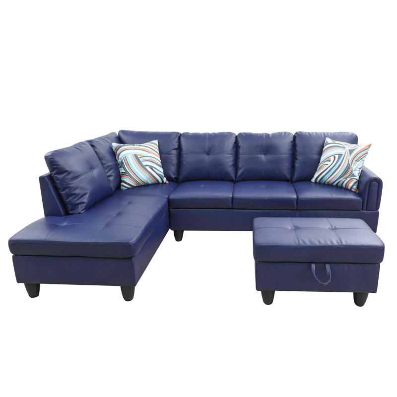 Jayzen 3 - Piece Vegan Sectional, Left Hand Facing, Blue Faux Leather, Black