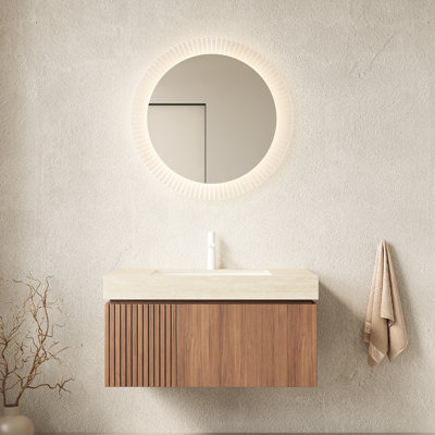 Meuble-lavabo 36 po avec comptoir en pierre frittée et lavabo en céramique, porte de tiroir flottante en contreplaqué, pré-assemblé, chêne brun, glissières à fermeture en douceur, lavabo haute performance, comptoir, percé dans le lavabo
