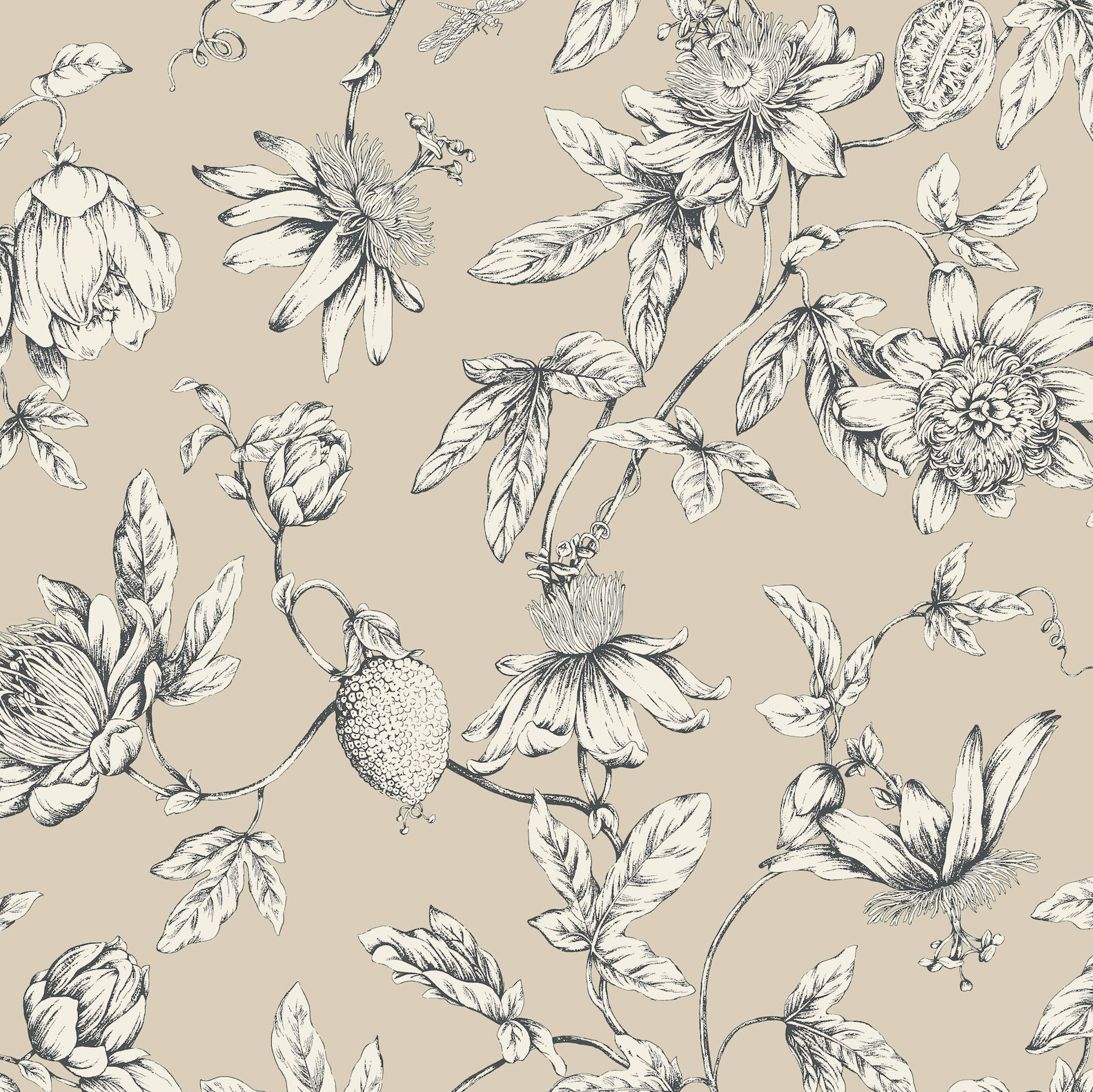 Passion Flower Toile Floral Wallpaper, Beige