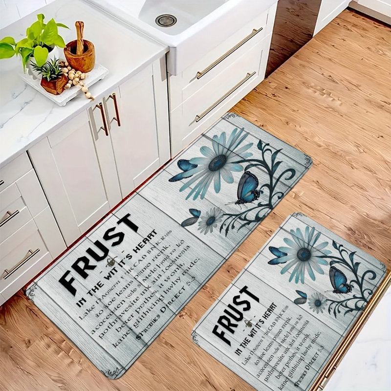 Ensemble de 2 tapis de cuisine marguerites bleues et papillons