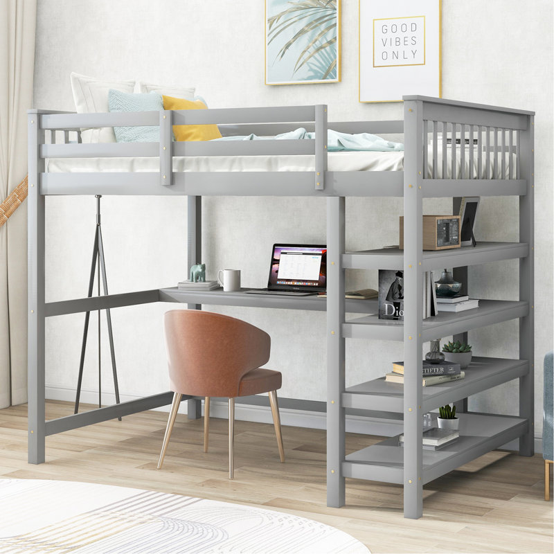 Lit mezzanine double avec tablettes de rangement et bureau sous le lit, gris, Gris