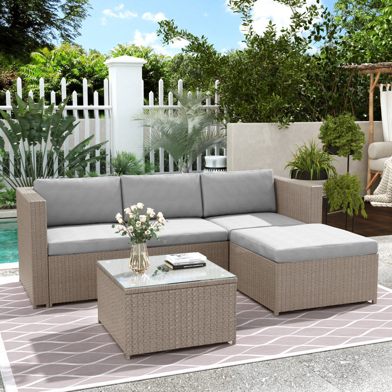 4 - Person Rattan Seating Group with Glass Table, Khaki