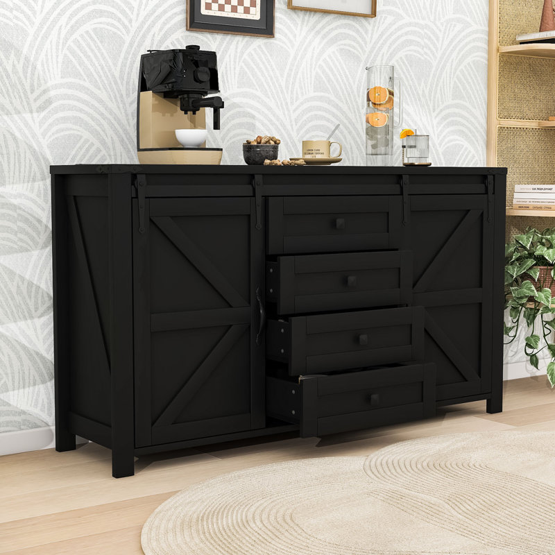 Rustic Farmhouse Sideboard Buffet Cabinet with Sliding Barn Doors, 4 Drawers and Built-In Power Outlet, Black