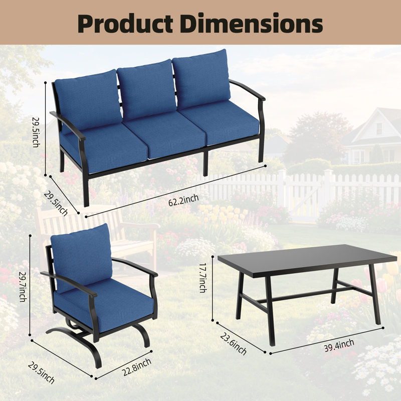 4-Piece Outdoor Metal Patio Conversation Set With Cushions, Navy