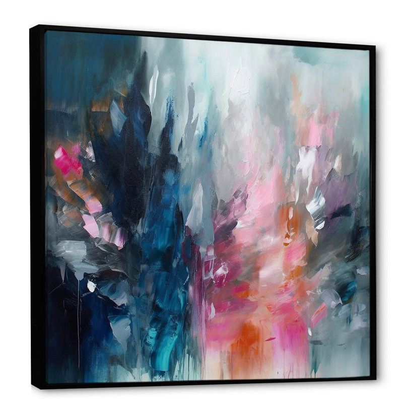 «Delvontae Blue and Pink Explosion Abstract», art mural abstrait, H 16 po x l 16 po, Reproduction avec cadre flottant, Noir
