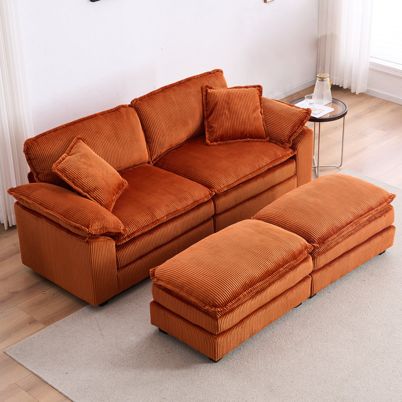 Canapé modulaire surdimensionné à assise profonde et siège réversible avec 2 repose-pieds et coussins, Velours côtelé orange