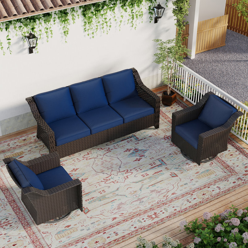 3-Piece Outdoor Wicker Conversation Set with Swivel Side Chairs & Plush Outdoor Cushions, Blue