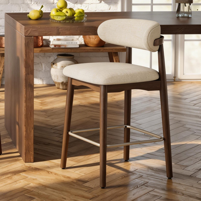 Tabouret de bar moderne à hauteur de comptoir avec dossier, non pivotant, pieds en bois d'hévéa massif et repose-pieds en métal bronze