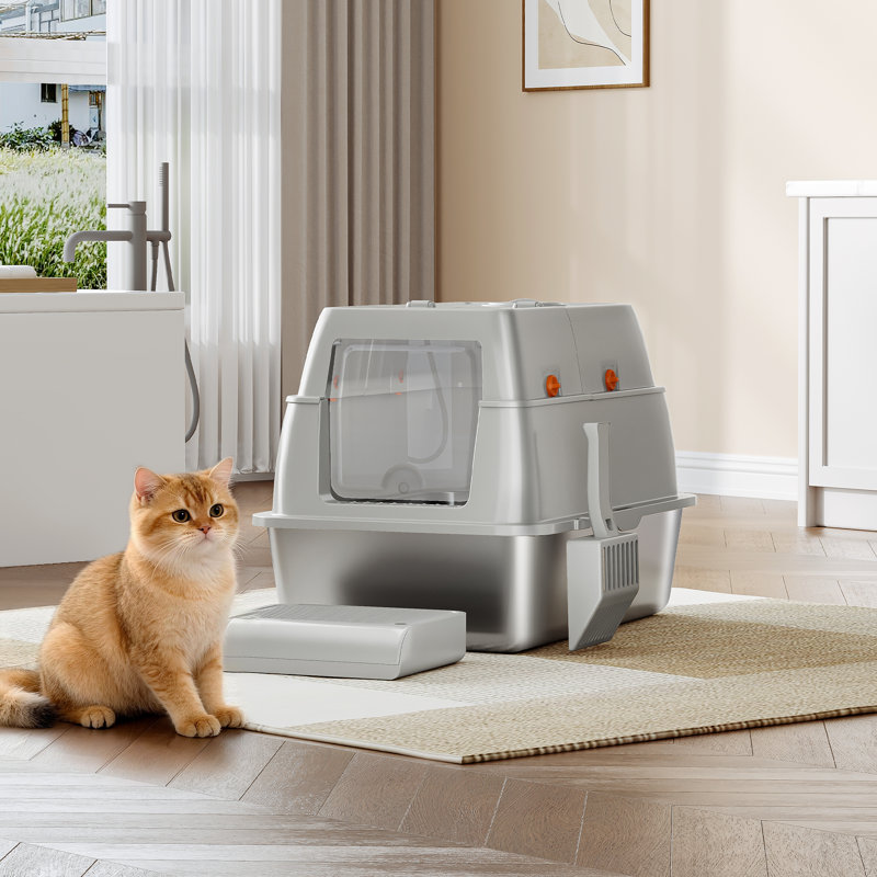 Stainless Steel Cat Litter Tray with Lid, Enclosed Cat Litter Box, 180° Hinged Lid, Includes Pedal and Scoop, Easy to Clean, Modular Design, 61 L x 41 W x 40 H cm 