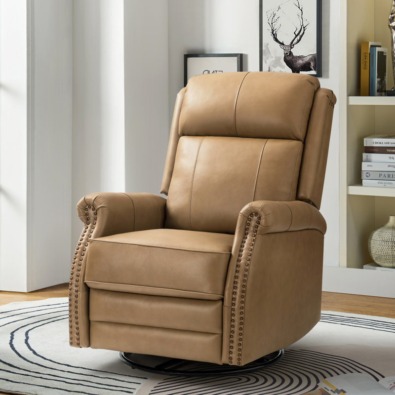 Anouschka 30.5" Wide Swivel Rocking Genuine Leather Manual Recliner, Taupe Genuine Leather