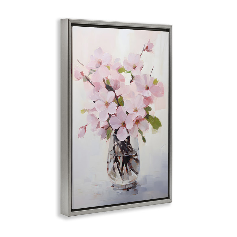 «Rosy Flower Vase» par Petals Prints Design, H 25 po x l 17 po, Cadre flottant gris lustré