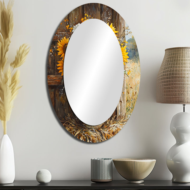 Tournesol et bouquet de pivoines à la ferme I - Miroir décoratif floral ovale sur métal, 36 po x 24 po