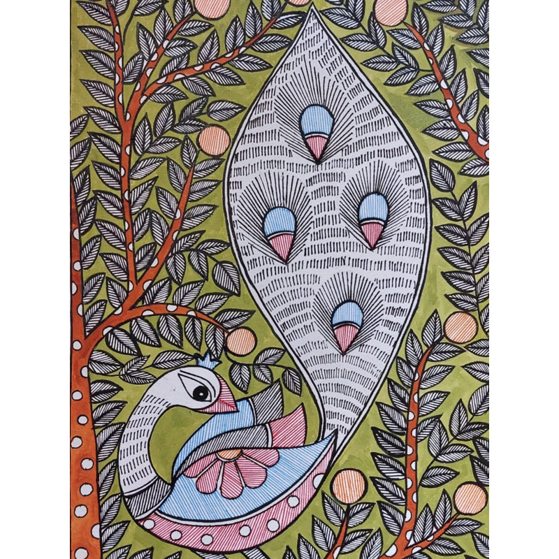 Paon avec queue, peinture acrylique Madhubani sur papier faite à la main par Lalita Ray - décoration murale d'art populaire indien H 11 po x l 7 po