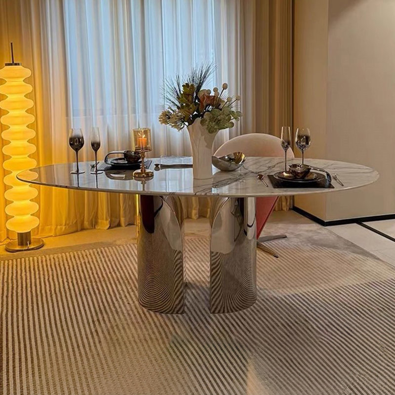 Table de salle à manger ovale en marbre argenté et acier inoxydable, H 29,53 po x L 62,99 po x l 31,50 po