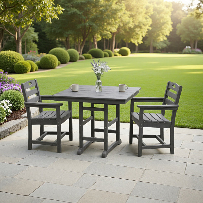Ensemble de salle à manger d'extérieur 3 pièces en PEHD avec table carrée et 2 fauteuils, design moderne et robuste