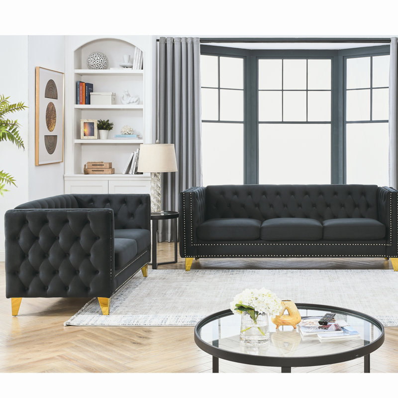 Mélange de velours noir 3 + 2. Livraison rapide chez nous. Capacité de poids de 250 lb / siège. Cadre en pin, eucalyptus, contreplaqué. Mousse + siège à ressorts. Revêtement en coton. Pieds en métal. Assemblage requis 3