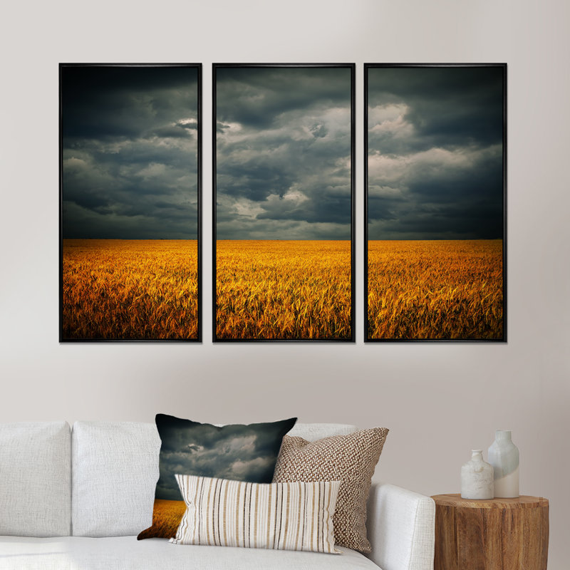 «Stormy Clouds Over Wheat Field» - ensemble d'art mural sur toile encadré paysage, Cadre flottant noir