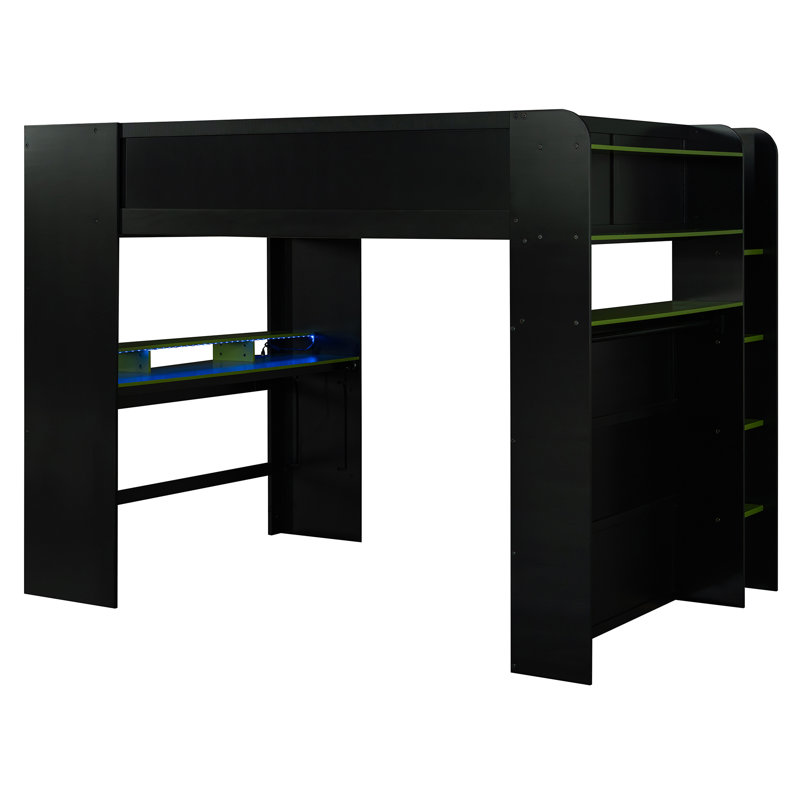 Lit double superposé en bois pleine grandeur avec bureau à hauteur réglable, garde-robe, grand espace de rangement et lumière RVB verte
