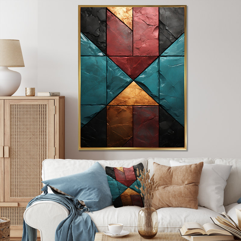 Carreaux de chevron bleu et rouge Elegance II - art mural abstrait, Cadre flottant doré, H 44 po x l 34 po x P 1,5 po
