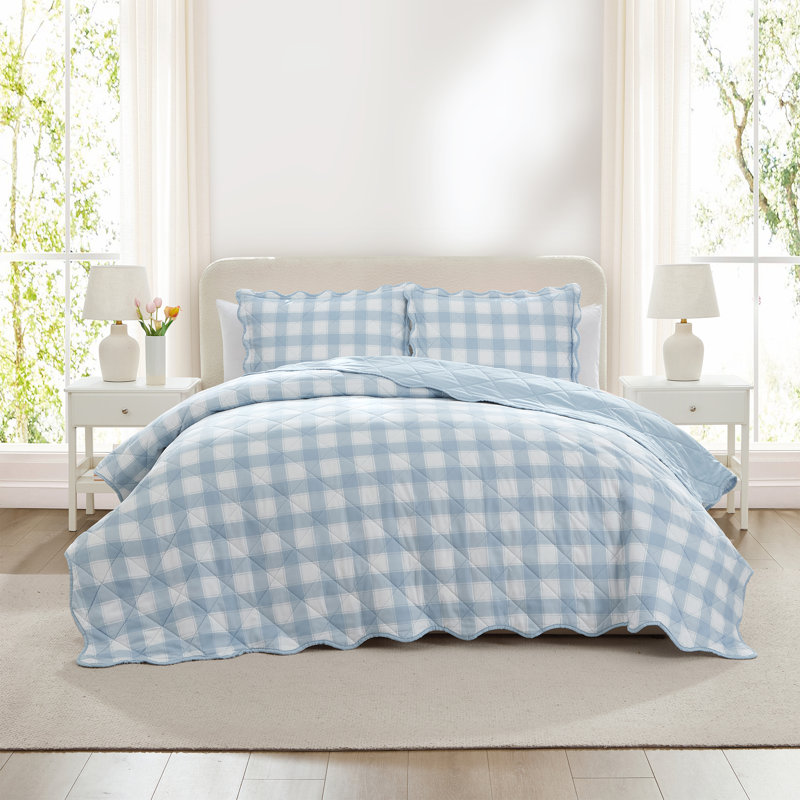 Hallmark Checkered Bliss 3-Piece Scalloped Quilt Set, Blue, Queen Quilt + 2 Queen Shams