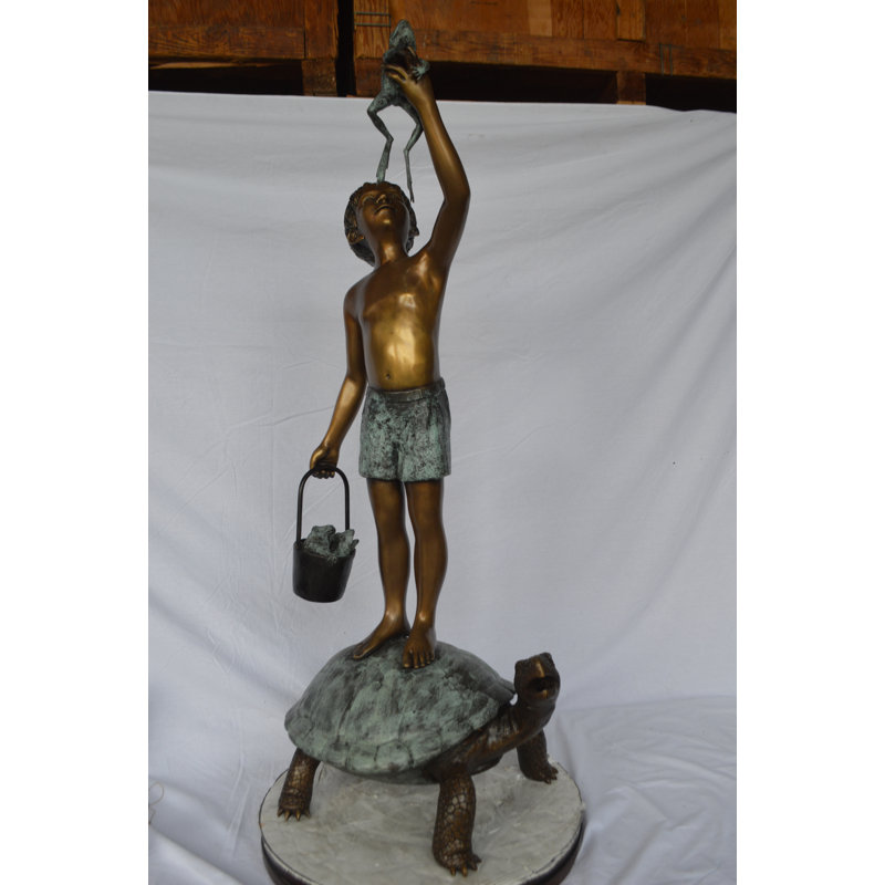 Copper and Metal Boy on Turtle Holding Frog Fountain