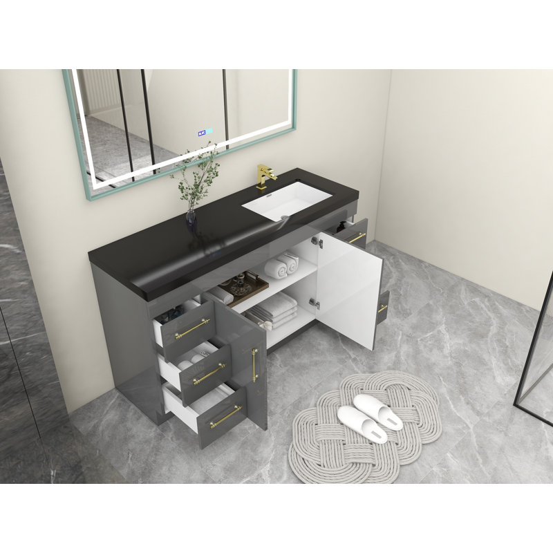 60'' Single Bathroom Vanity with Plastic Top, Matte Gold, High Gloss Gray