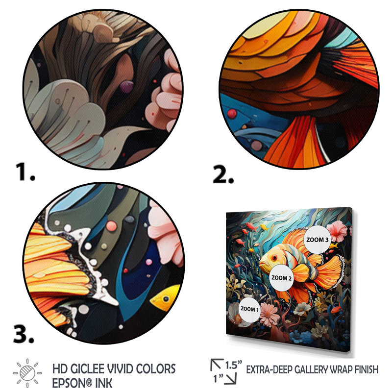 Orange Teal Clownfish Silent Underwater I - Animals Wall Decor, Cadre flottant doré, H 36 po x l 36 po x P 1,5 po