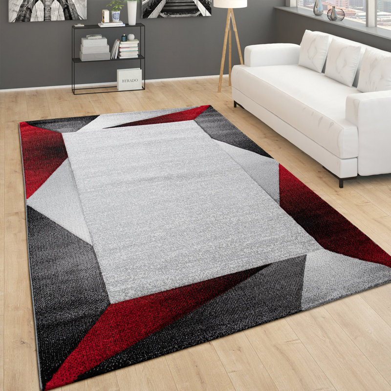 Tapis à bordure avec motif géométrique rouge-gris et découpe de contour, Rectangle 2 pi x 3 pi 7 po