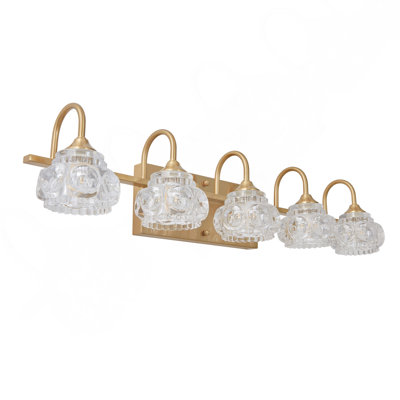 Luminaire de salle de bain moderne en cristal 29 po, applique murale dorée à 5 lumières avec abat-jour en verre transparent, éclairage mural élégant pour salle de bain, salle d'eau ou miroir de meuble-lavabo (ampoules non incluses)