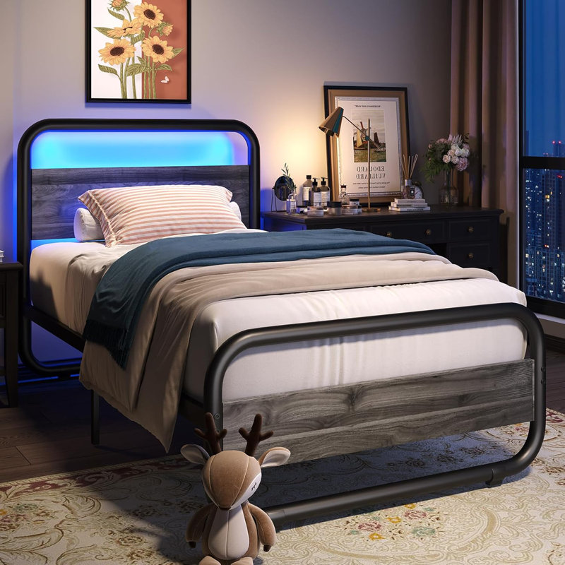 Metal  Bed Frame with LED Headboard and Footboard, Rustic Industrial Heavy Duty Wooden Platform Bed Frame with Under Bed Storage, Noise Free, No Box Spring Needed