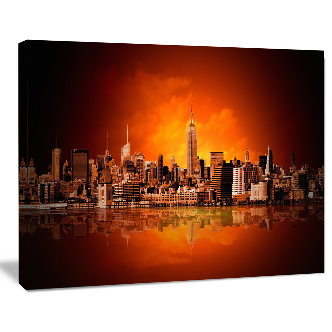 New York City Panorama in Red Light Cityscape Wall Art on Wrapped Canvas Design Art 
