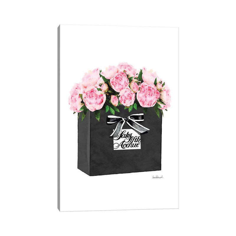 Saks 5th Bag With Pink Peony by Amanda Greenwood - Painting on Canvas, 20.32 cm H x 30.48 cm W, Wrapped Canvas