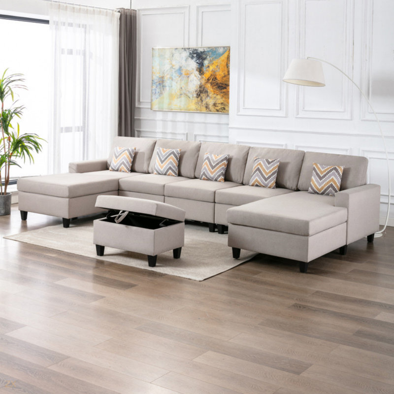 Canapé modulaire double en lin 6 pièces avec pieds interchangeables, repose-pieds et coussins