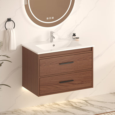 30" Reddish Brown Wall Mounting Bathroom Vanity Featuring Soft Close 2 Drawer, Cabinet For A Strong Build, Ceramic Sink Aesthetic Improvement Robust Easy Cleaning
