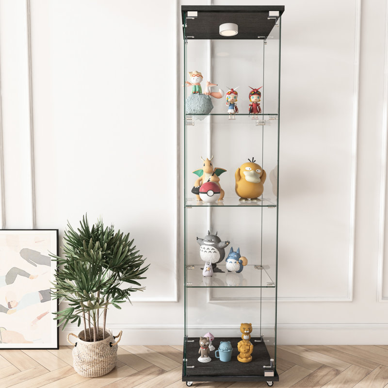 Stylish Easy - To Clean Tempered Glass Display Cabinet With Remote Controlled Led Lights, 4 Shelf, For Showcasing Wine Bottles And Medals Modern Black Control 1 Door 45 Pound Load Bearing Per Assemble