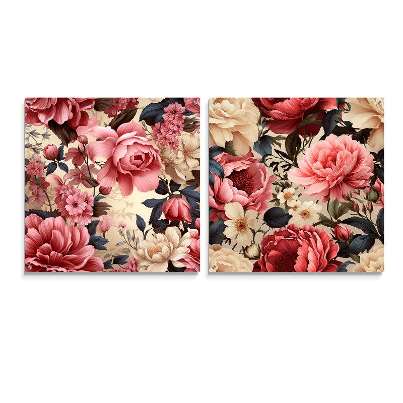 «Vintage Roses Grace Victorian Motif I», ensemble de 2 art mural en verre acrylique, H 16 po x l 33 po