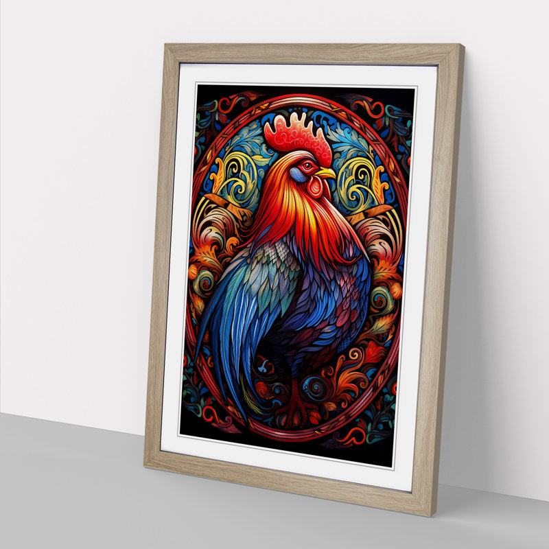 Rooster Symbolism - Single Picture Frame Print on Wood, 64cm H x 46cm W x 2cm D, Oak