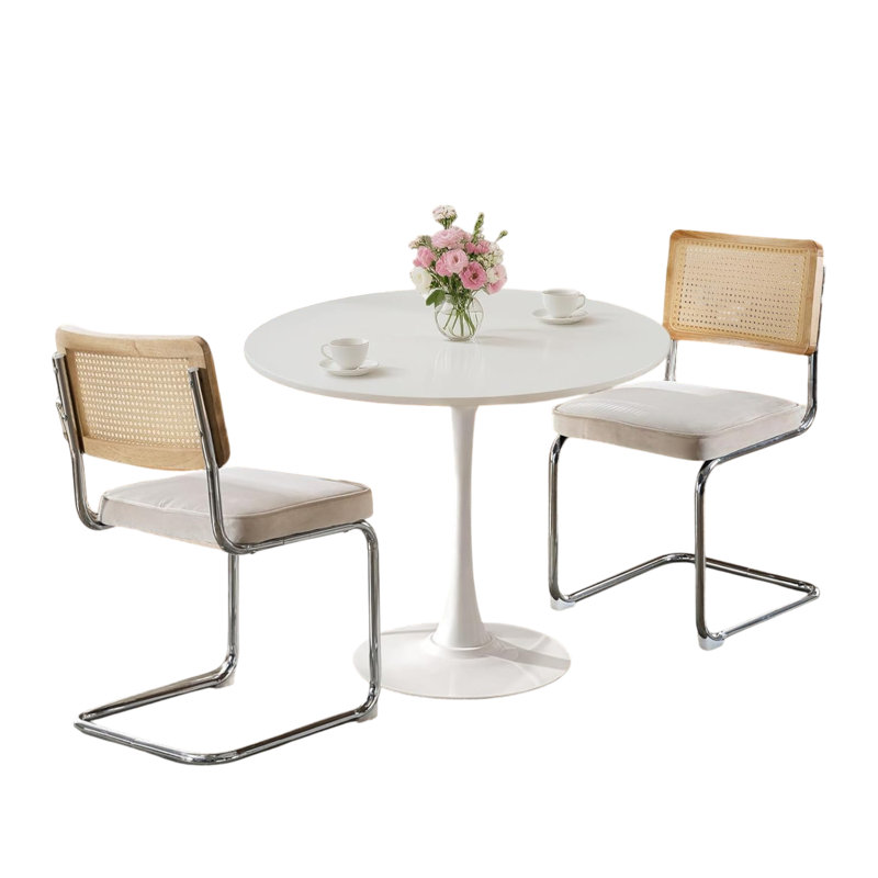 Ensemble de salle à manger rond 3 pièces à économie d'espace 24 po, table avec chaises en rotin, Blanc, Beige