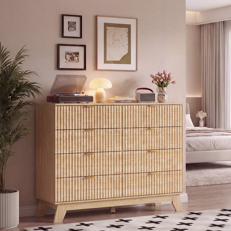 Fluted 8-Drawers Dresser For Bedroom,47''W Boho Storage Dresser & Chest, Beige